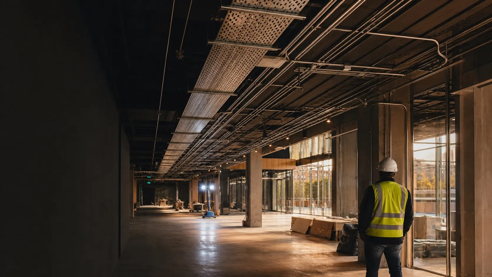 Interior comercial en construcción con infraestructura eléctrica organizada